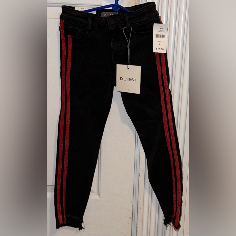 DL1961 Girls black with red stripes size 6 Chloe skinny jeans.